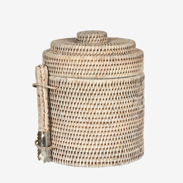 Paume Rattan Ice Bucket w Tong White Wash