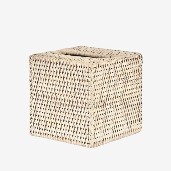 Paume Rattan Square Tissue Box White Wash